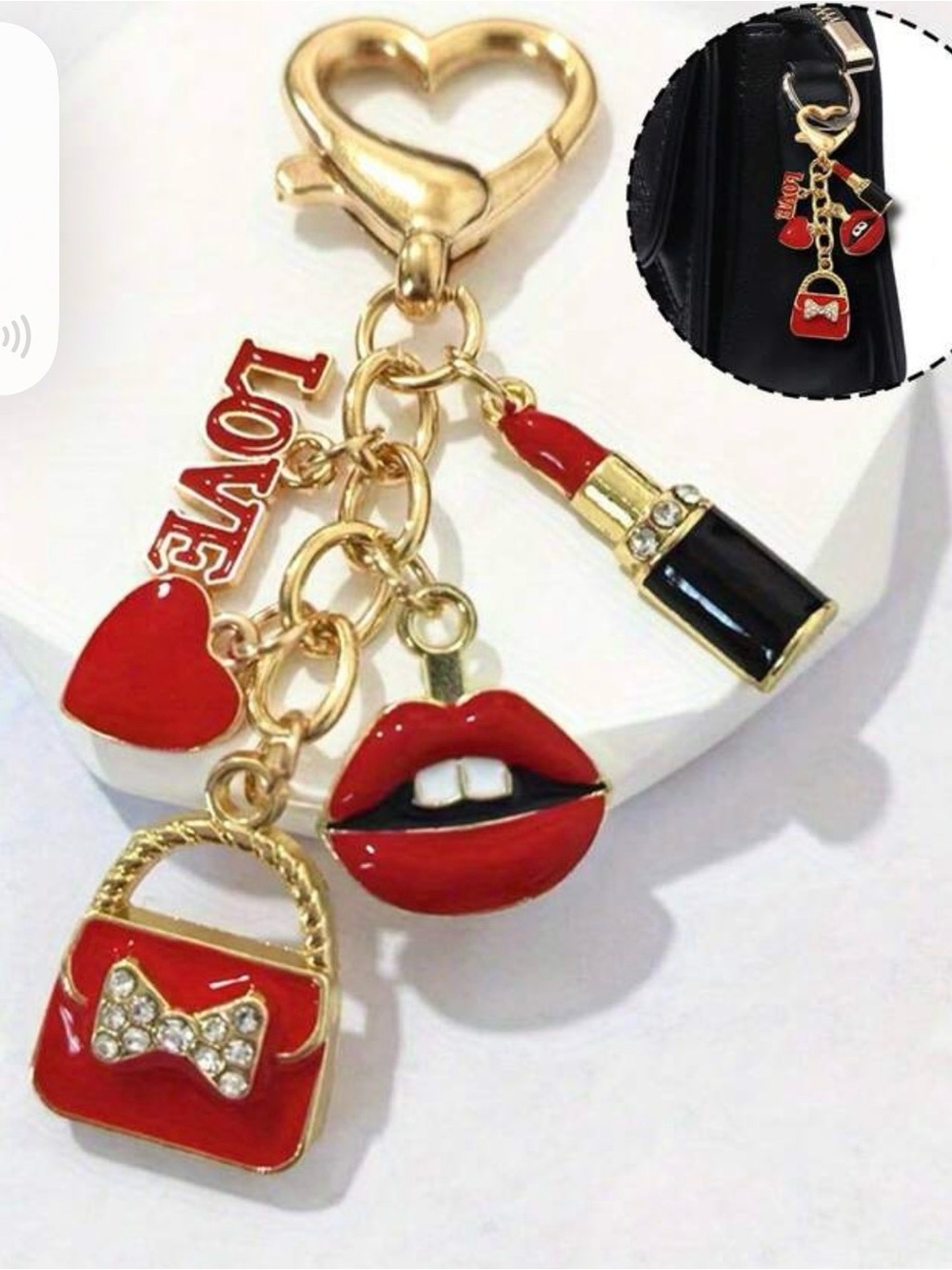 Gold-tone Red Lipstick & Purse Charm Keychain - Love Accent